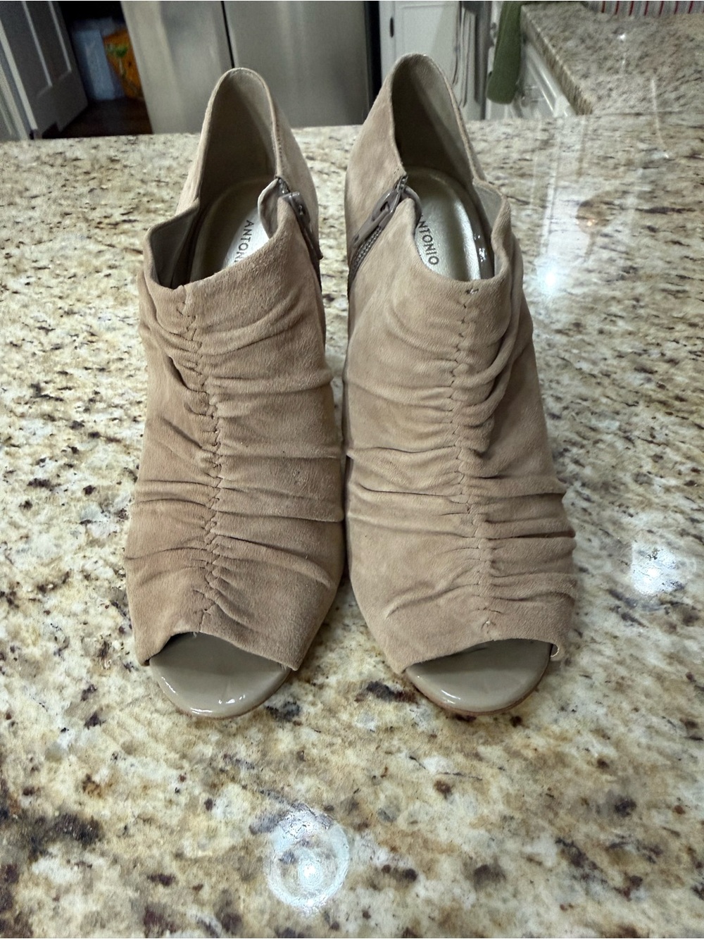 Antonio Melani Taupe Suede Open Toe Ruched Bootie Heels 8.5